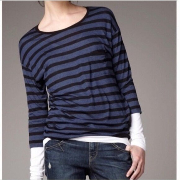 VINCE / Stripe Pattern Soft Pocket Tee  Blue & Black Sz S - Picture 1 of 6